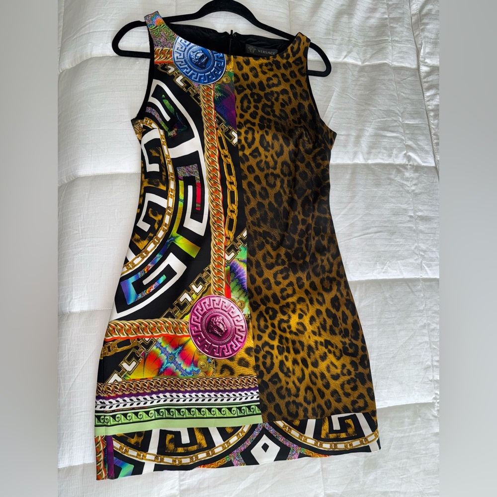 Versace Multi-Color & Leopard Print Mini Dress